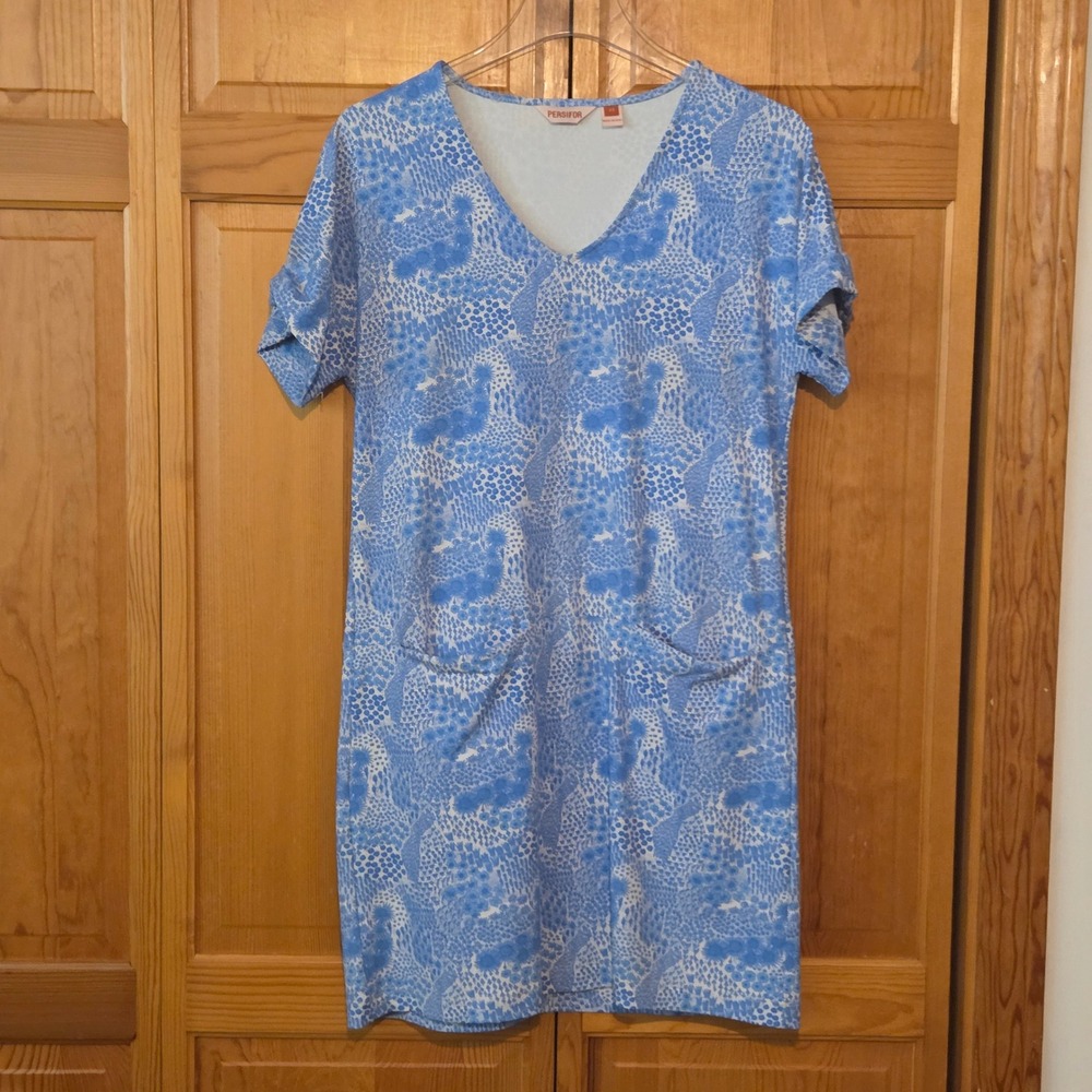 PERSiFOR Casual Short Sleeve V Neck Blue Floral Print‎ Midi Dress Made in USA XS